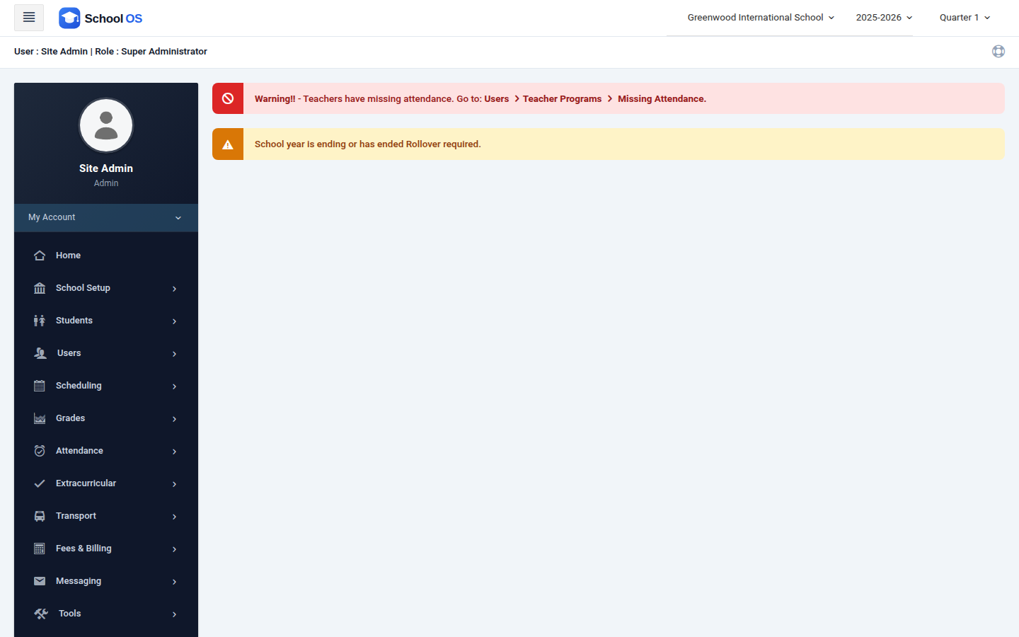 School OS dashboard showing the Transport and Fees & Billing modules in the sidebar